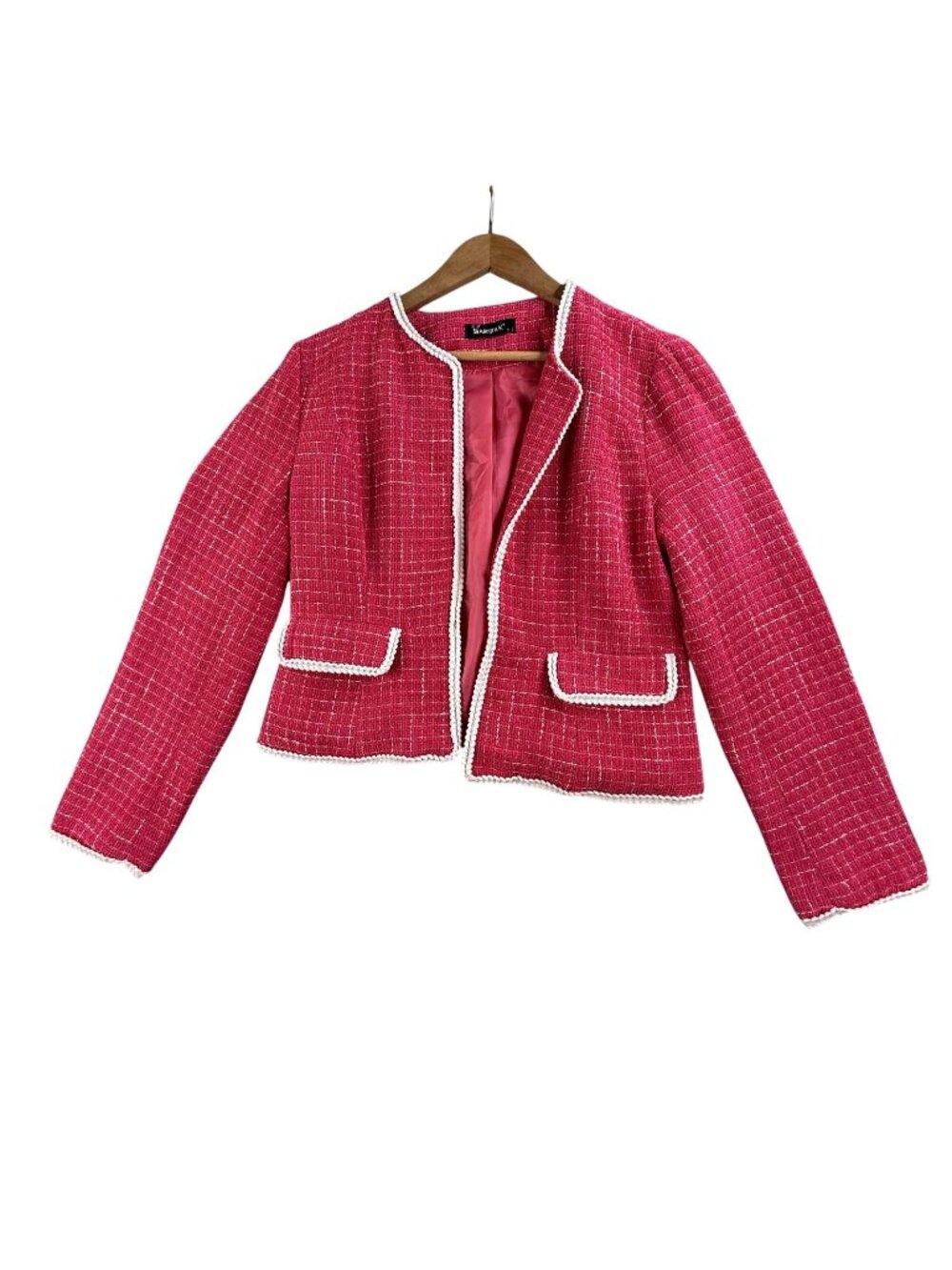Allegra K Blazer Jacket Womens Small Pink Tweed Collarless Open Front Pockets